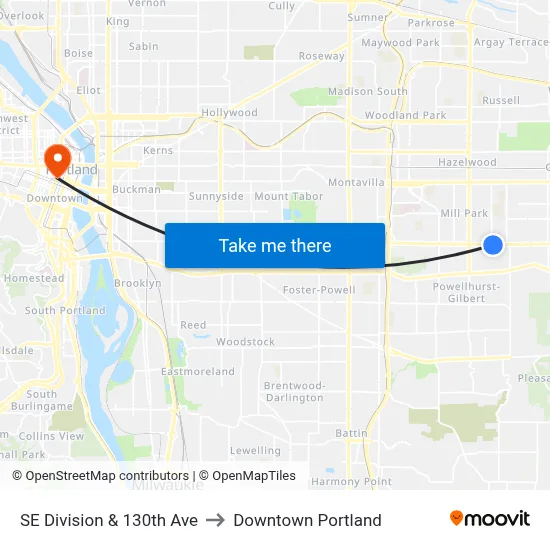 SE Division & 130th Ave to Downtown Portland map