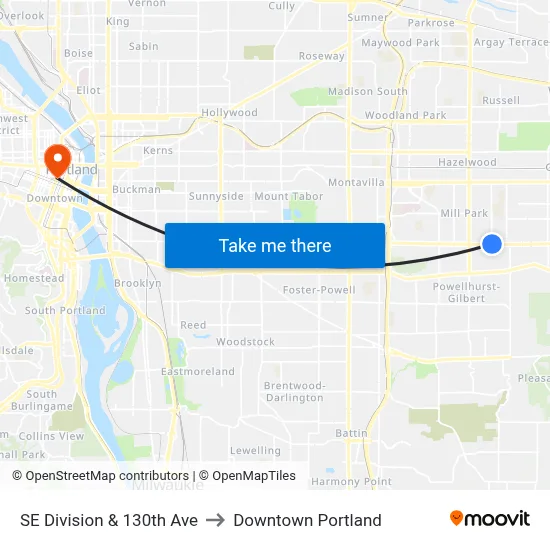 SE Division & 130th Ave to Downtown Portland map