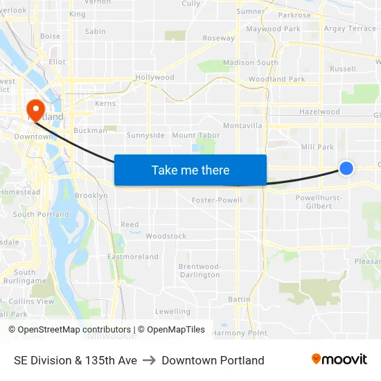 SE Division & 135th Ave to Downtown Portland map