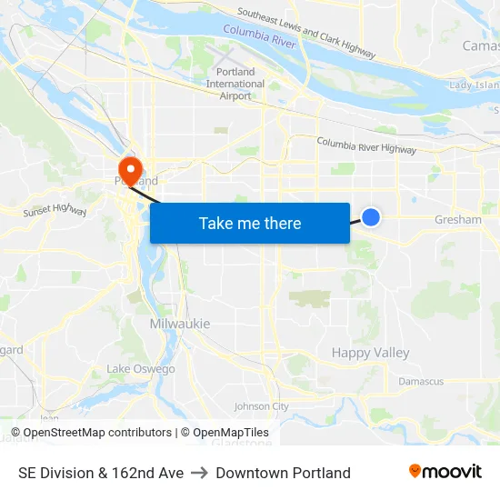 SE Division & 162nd Ave to Downtown Portland map