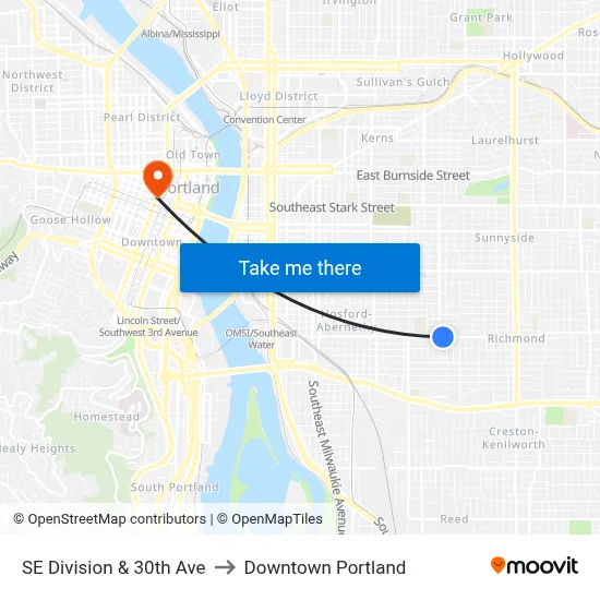 SE Division & 30th Ave to Downtown Portland map