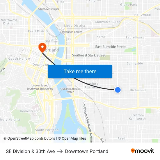 SE Division & 30th Ave to Downtown Portland map