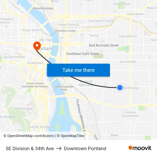 SE Division & 34th Ave to Downtown Portland map