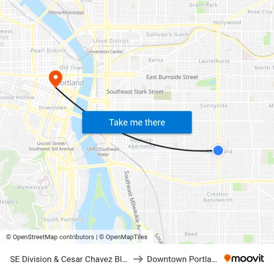 SE Division & Cesar Chavez Blvd to Downtown Portland map
