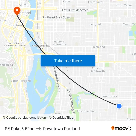 SE Duke & 52nd to Downtown Portland map