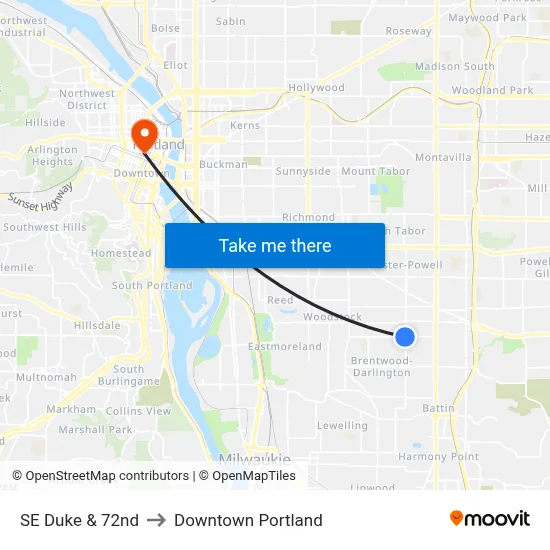 SE Duke & 72nd to Downtown Portland map