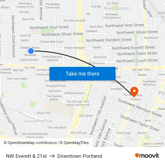 NW Everett & 21st to Downtown Portland map