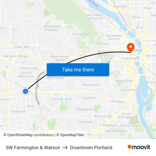 SW Farmington & Watson to Downtown Portland map