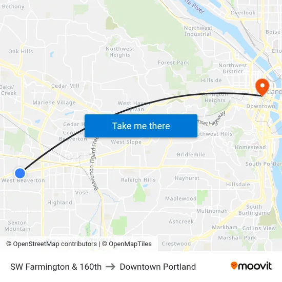 SW Farmington & 160th to Downtown Portland map