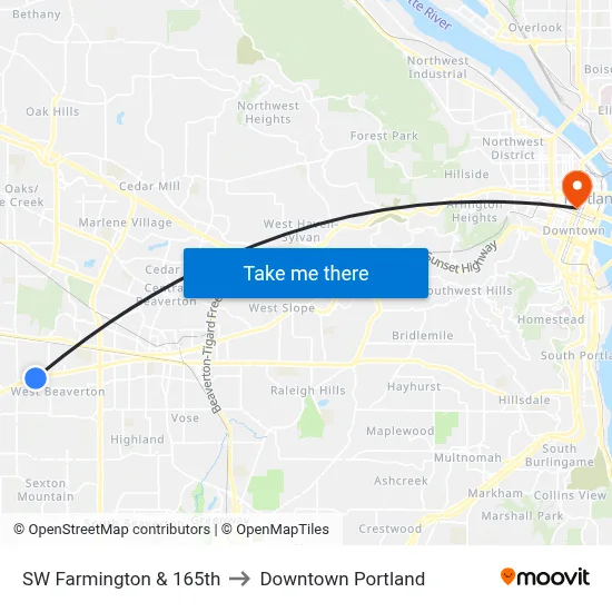 SW Farmington & 165th to Downtown Portland map