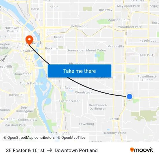 SE Foster & 101st to Downtown Portland map