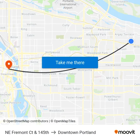 NE Fremont Ct & 145th to Downtown Portland map