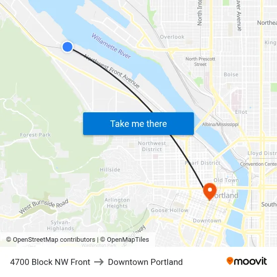 4700 Block NW Front to Downtown Portland map