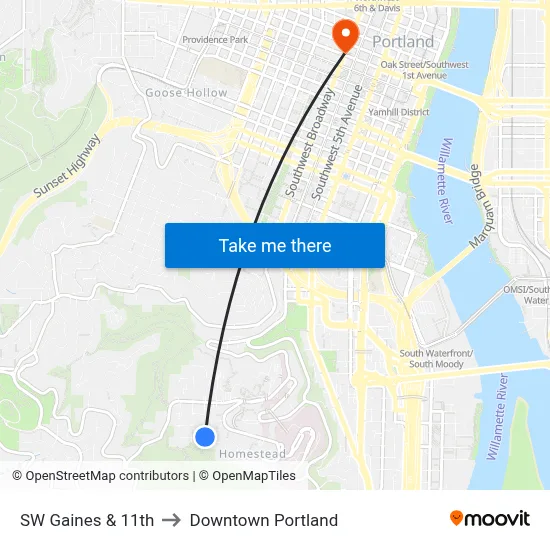 SW Gaines & 11th to Downtown Portland map