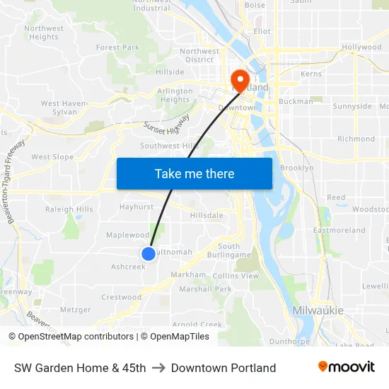 SW Garden Home & 45th to Downtown Portland map