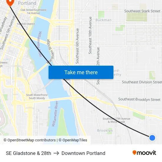 SE Gladstone & 28th to Downtown Portland map
