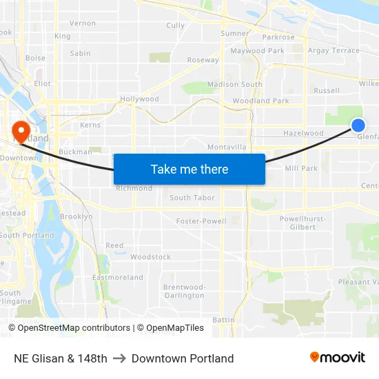 NE Glisan & 148th to Downtown Portland map