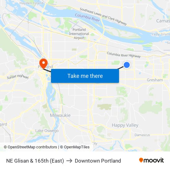 NE Glisan & 165th (East) to Downtown Portland map