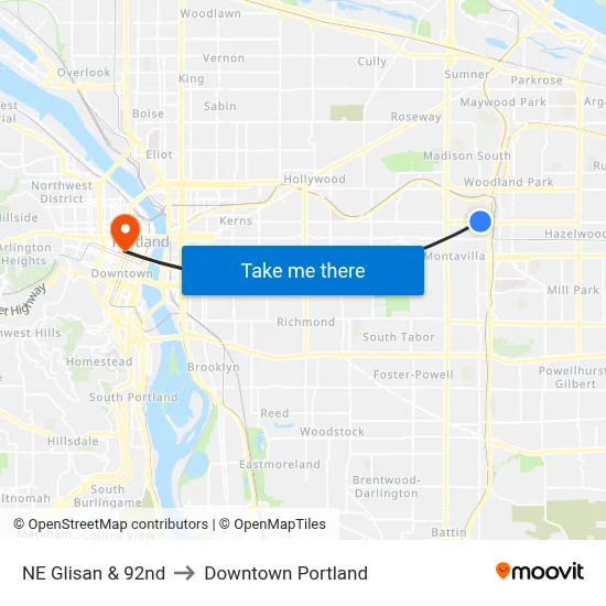 NE Glisan & 92nd to Downtown Portland map