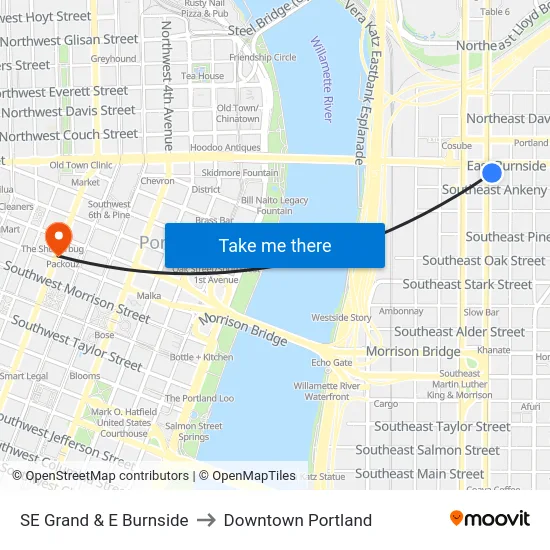 SE Grand & E Burnside to Downtown Portland map