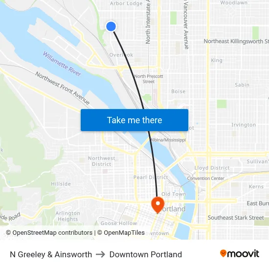 N Greeley & Ainsworth to Downtown Portland map