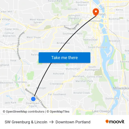 SW Greenburg & Lincoln to Downtown Portland map