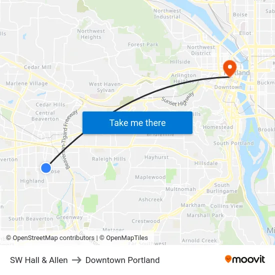 SW Hall & Allen to Downtown Portland map