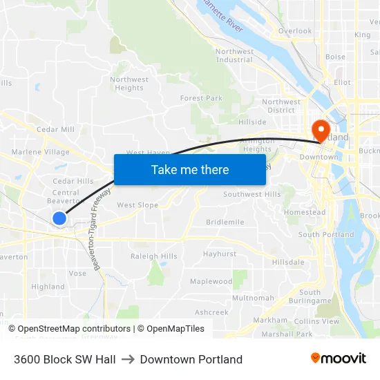 3600 Block SW Hall to Downtown Portland map