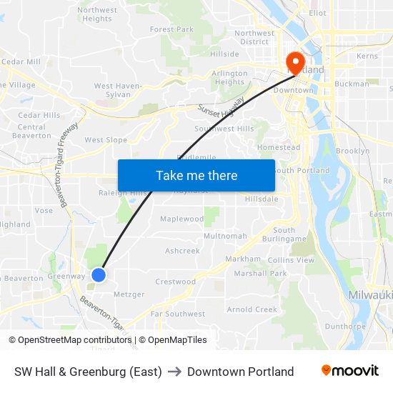 SW Hall & Greenburg (East) to Downtown Portland map