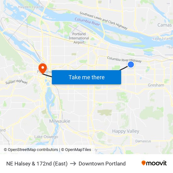 NE Halsey & 172nd (East) to Downtown Portland map