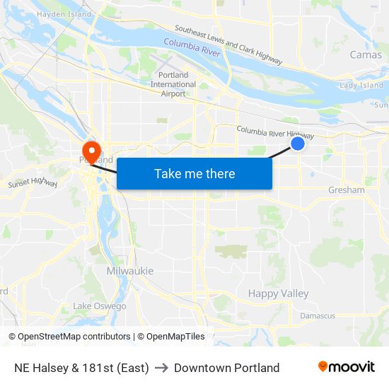 NE Halsey & 181st (East) to Downtown Portland map