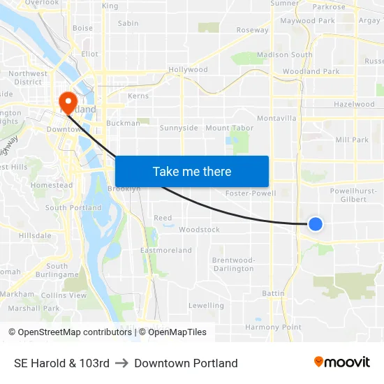 SE Harold & 103rd to Downtown Portland map