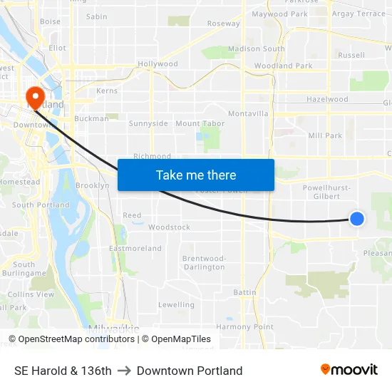 SE Harold & 136th to Downtown Portland map