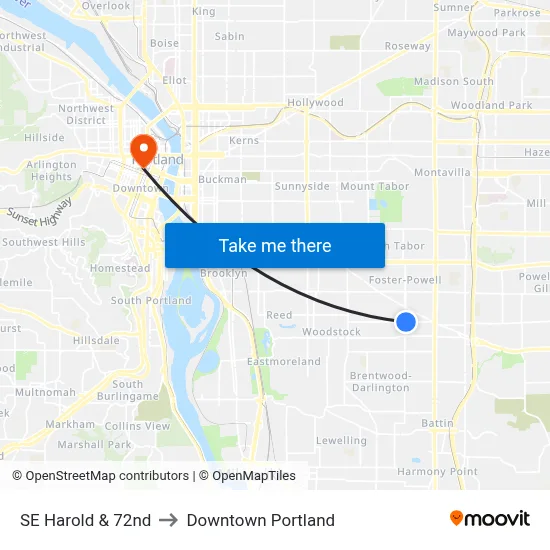 SE Harold & 72nd to Downtown Portland map