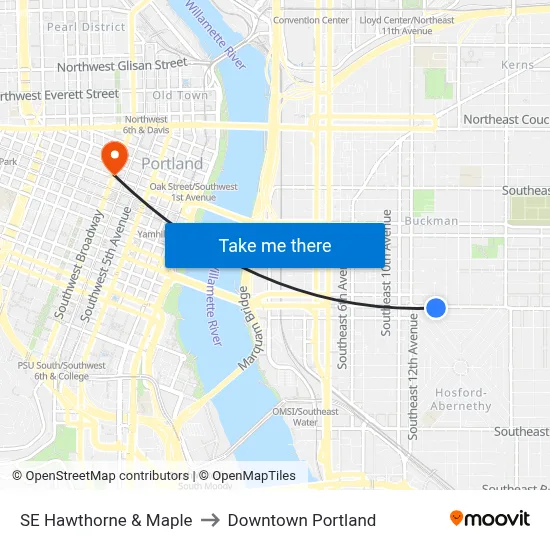 SE Hawthorne & Maple to Downtown Portland map