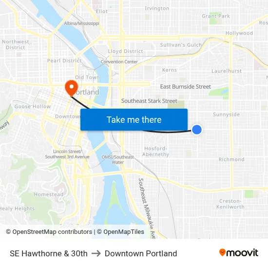 SE Hawthorne & 30th to Downtown Portland map