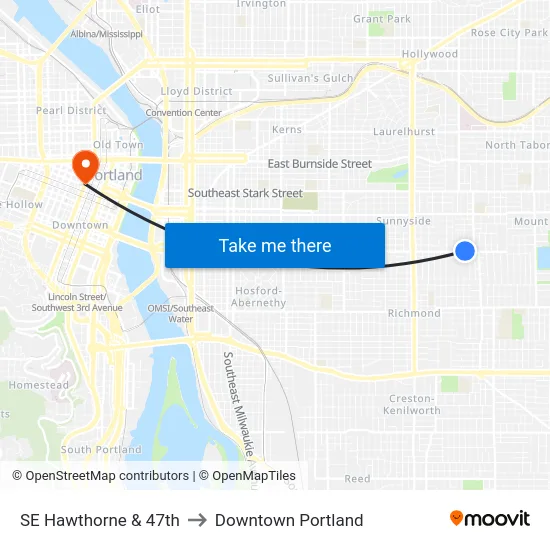 SE Hawthorne & 47th to Downtown Portland map