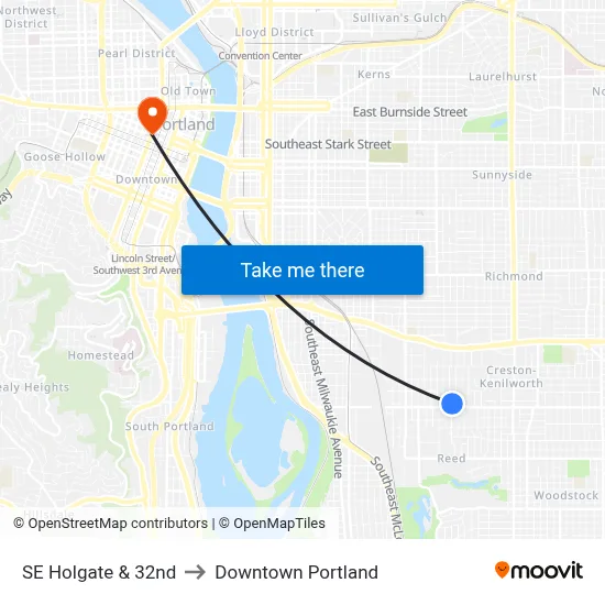 SE Holgate & 32nd to Downtown Portland map