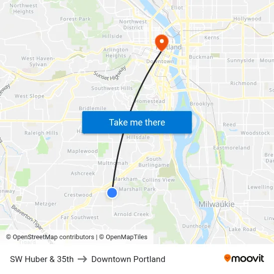 SW Huber & 35th to Downtown Portland map