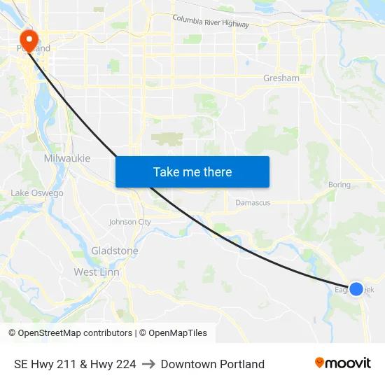 SE Hwy 211 & Hwy 224 to Downtown Portland map