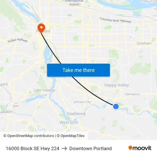 16000 Block SE Hwy 224 to Downtown Portland map