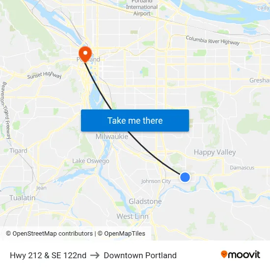 Hwy 212 & SE 122nd to Downtown Portland map