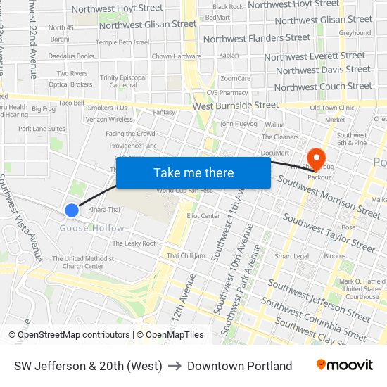 SW Jefferson & 20th (West) to Downtown Portland map