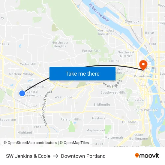 SW Jenkins & Ecole to Downtown Portland map