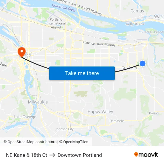 NE Kane & 18th Ct to Downtown Portland map