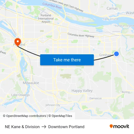 NE Kane & Division to Downtown Portland map
