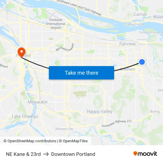 NE Kane & 23rd to Downtown Portland map