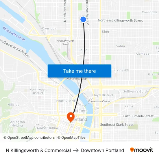 N Killingsworth & Commercial to Downtown Portland map