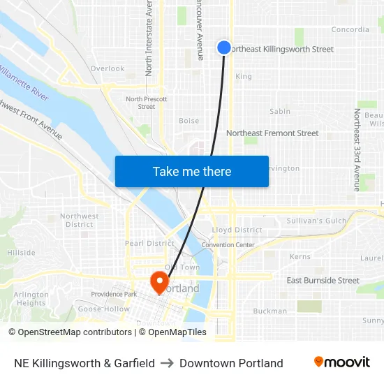 NE Killingsworth & Garfield to Downtown Portland map