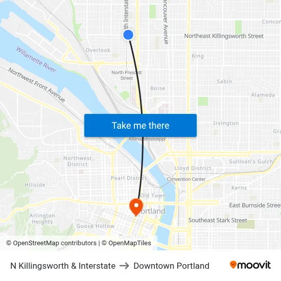 N Killingsworth & Interstate to Downtown Portland map